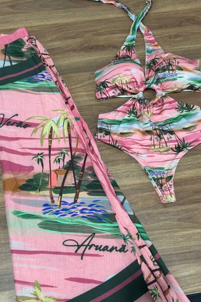 Conjunto Argola Em Madeira E Saída De Banho Havaí Vintage Araguaia Ref:  895