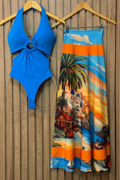 Conjunto Body Maiô Argola Em Madeira Azul E Saída De Banho Villa Mar Ref: 895